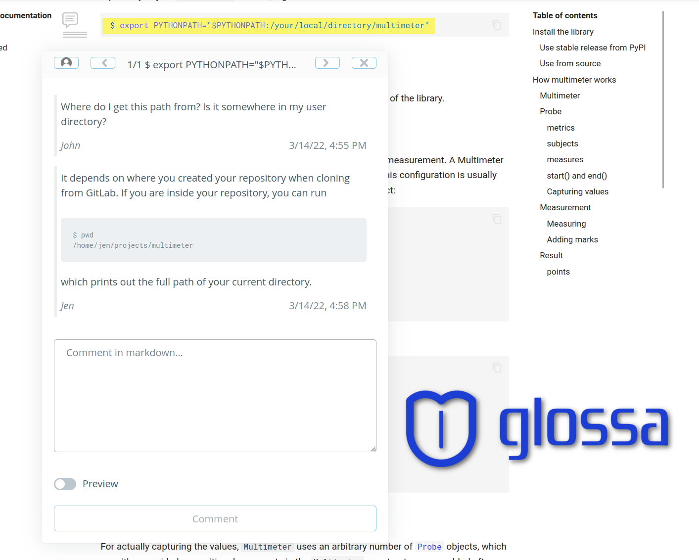 Glossa.cc comment dialog